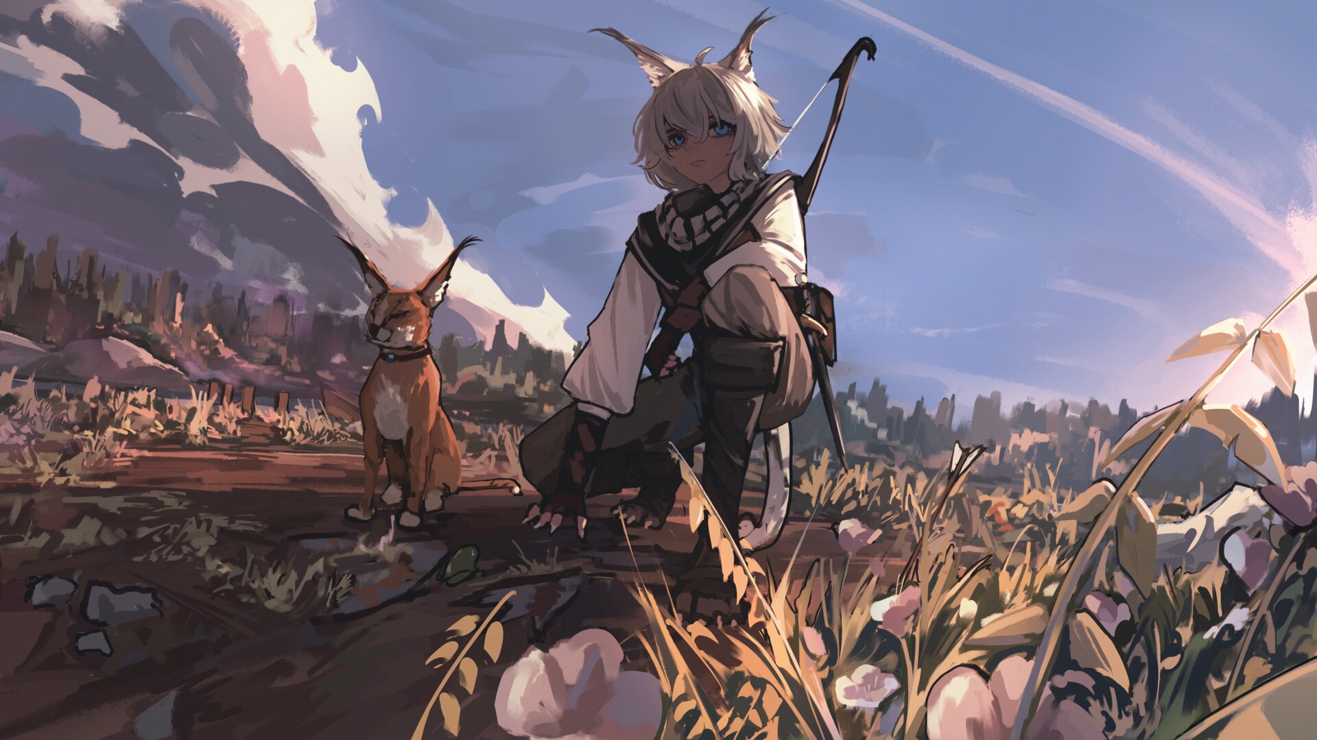 A scout crouches in a ruined grassland beside a caracal, watching the horizon under a dramatic sky.